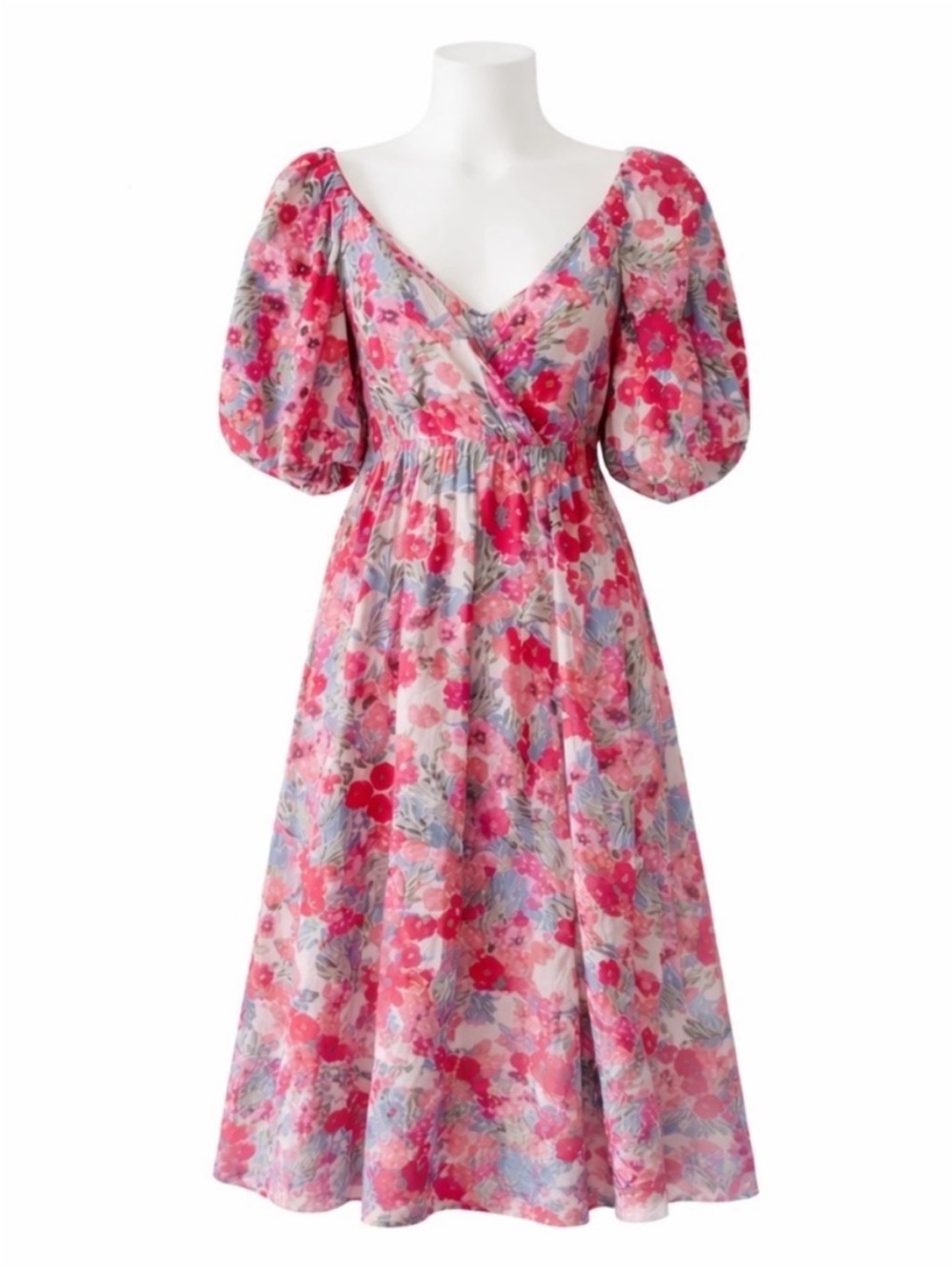 Size L Mittoshop Women’s Floral Balloon Sleeve Midi Dress Red Pink Blue